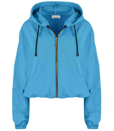 Cienka krótka bluza damska jednokolorowy basic z kapturem JULIA (Niebieski) Cienka krótka bluza damska jednokolorowy basic z kapturem JULIA (Niebieski)