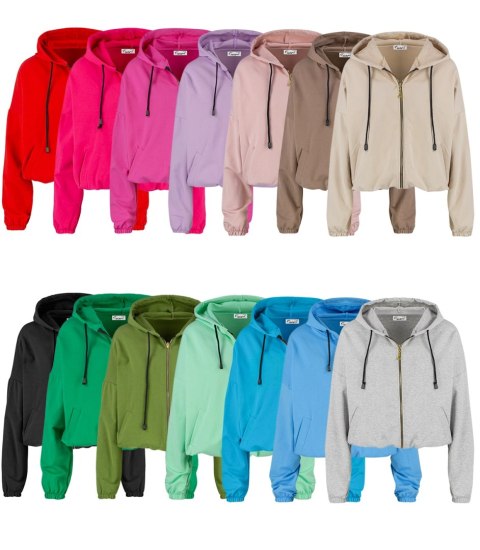 Cienka krótka bluza damska jednokolorowy basic z kapturem JULIA (Różowy) Cienka krótka bluza damska jednokolorowy basic z kapturem JULIA (Różowy)