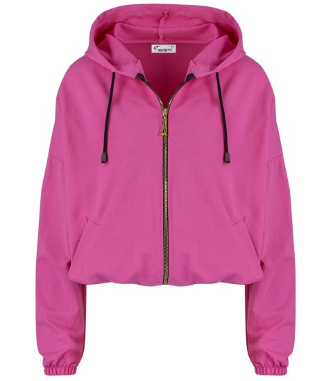 Cienka krótka bluza damska jednokolorowy basic z kapturem JULIA (Różowy) Cienka krótka bluza damska jednokolorowy basic z kapturem JULIA (Różowy)