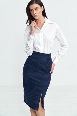 Spódnica ołówkowa z guzikami na boku prążek SP77 Navy - Nife - 38
