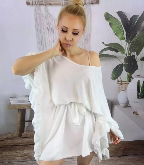 Piękna sukienka nietoperz motyl falbany (Biały) Piękna sukienka nietoperz motyl falbany (Biały)