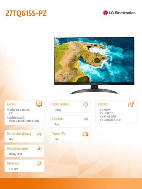 Monitor LG 27TQ615S-PZ (27" /IPS /60Hz /1920 x 1080 /Czarny) Monitor LG 27TQ615S-PZ (27" /IPS /60Hz /1920 x 1080 /Czarny)