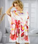 Kolorowa Sukienka tunika motyl wiązana w pasie AURORA (Pomarańczowy || Wielokolorowy)