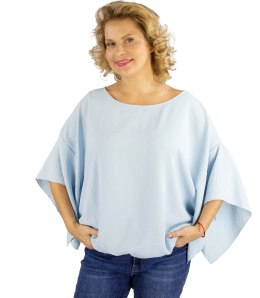 Zwiewna bluzka rękawy motyl rozcięcia elegancka luźna oversize (Niebieski)