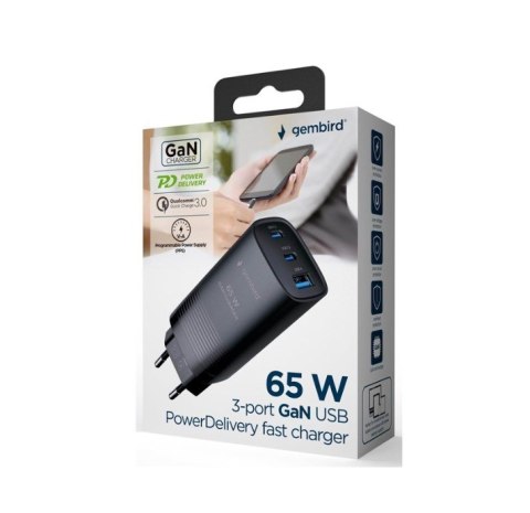 GEMBIRD SZYBKA ŁADOWARKA USB POWER DELIVERY USB TYPU C, 3X USB, 65 W, GAN CZARNA GEMBIRD SZYBKA ŁADOWARKA USB POWER DELIVERY USB TYPU C, 3X USB, 65 W, GAN CZARNA