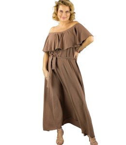 Zwiewna sukienka maxi z falbanami i wiązaniem w talii STELLA (Brązowy)