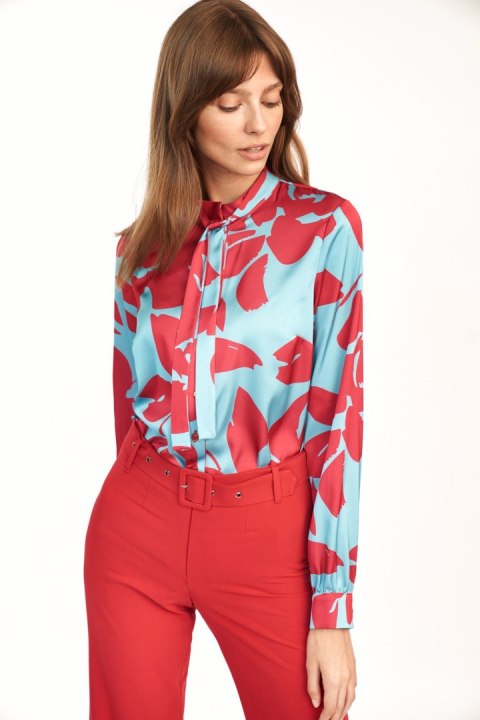 Bluzka z fontaziem w kwiaty B136 Turkus/Flowers - Nife - 38