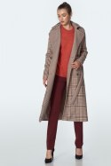 Dwurzędowy płaszcz z paskiem w beżową kratę PL10 Krata/Beige - Nife - 40