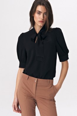 Elegancka czarna bluzka z wiązaniem na dekolcie B107 Black - Nife - 38