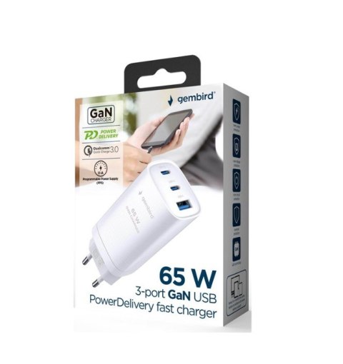 GEMBIRD SZYBKA ŁADOWARKA USB POWER DELIVERY USB TYPU C, 3X USB, 65 W, GAN BIAŁA GEMBIRD SZYBKA ŁADOWARKA USB POWER DELIVERY USB TYPU C, 3X USB, 65 W, GAN BIAŁA
