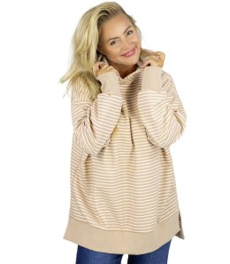 Damska bluza z kapturem w paski oversize CANDY STRIPES (Beżowy)