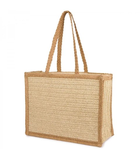 Duża pojemna pleciona usztywniana torba z napisem SUMMER (Beżowy)