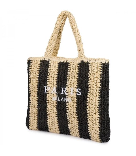 Duża torba pleciona shoperka w pionowe paski z napisem PARIS (Beżowy || Czarny)