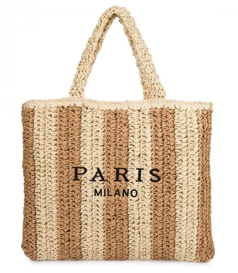 Duża torba pleciona shoperka w pionowe paski z napisem PARIS (Beżowy)