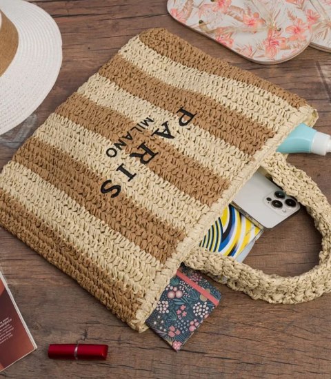 Duża torba pleciona shoperka w pionowe paski z napisem PARIS (Beżowy)