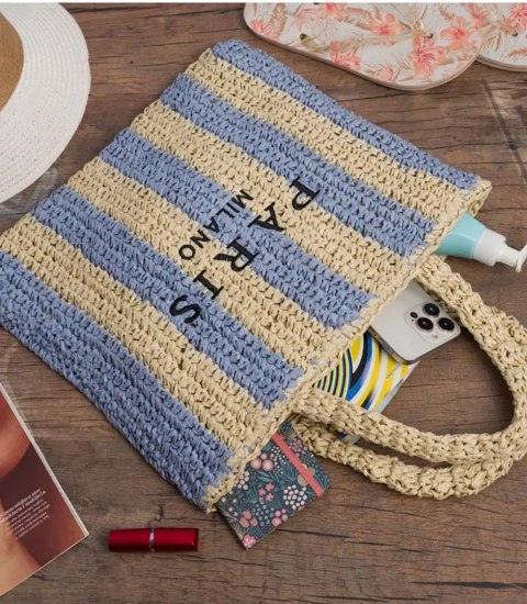 Duża torba pleciona shoperka w pionowe paski z napisem PARIS (Niebieski || Beżowy)