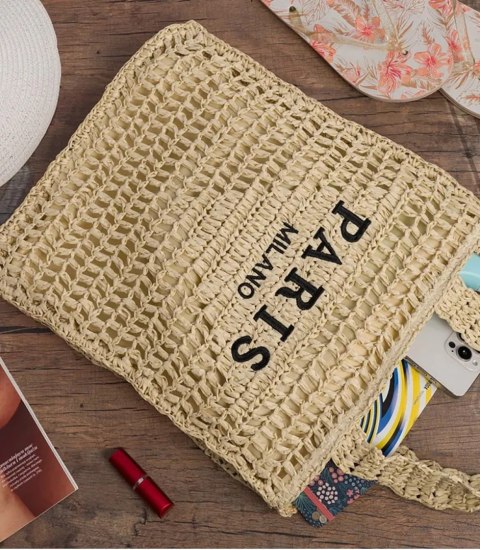 Duża torba pleciona shoperka z napisem modna PARIS (Beżowy)