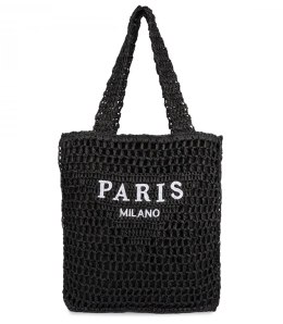 Duża torba pleciona shoperka z napisem modna PARIS (Czarny)