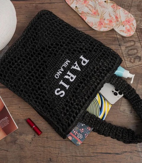 Duża torba pleciona shoperka z napisem modna PARIS (Czarny)