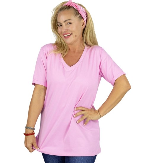 Bluzka koszulka t-shirt z dekoltem w serek i rękawem 1/2 MIRABEL (Różowy)