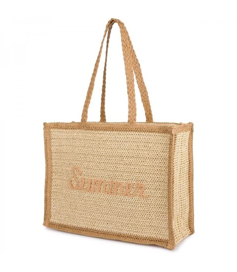 Duża pojemna pleciona usztywniana torba z napisem SUMMER (Beżowy)