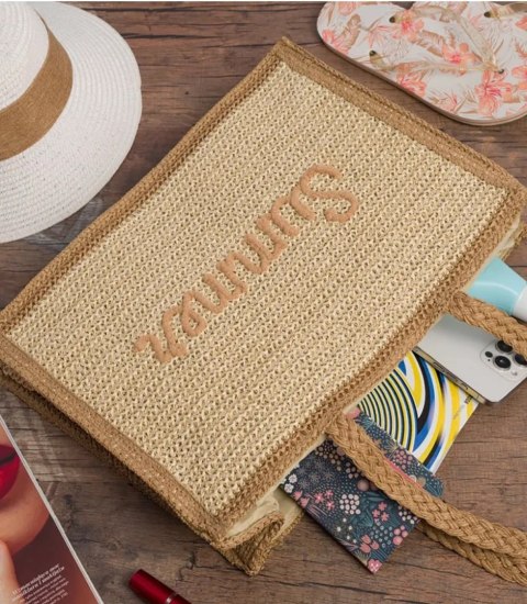 Duża pojemna pleciona usztywniana torba z napisem SUMMER (Beżowy)