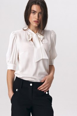 Elegancka bluzka ecru z wiązaniem na dekolcie B107 Ecru - Nife - 40