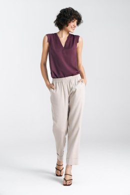 Spodnie lniane z gumką w pasie SD84 Beige - Nife - 40