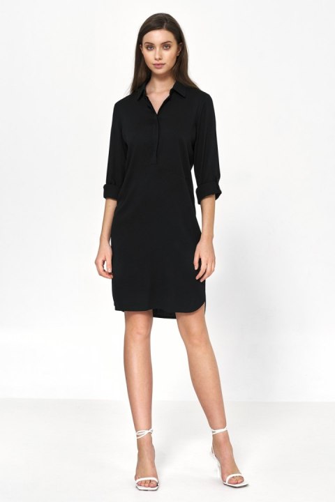 Sukienka Czarna sukienka oversize z podwijanym rękawem S226 Black - Nife - 36 Sukienka Czarna sukienka oversize z podwijanym rękawem S226 Black - Nife - 36