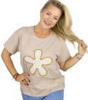 T-shit bluzka koszulka z wyszywanym kwiatkiem FLORA (Beżowy)