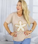 T-shit bluzka koszulka z wyszywanym kwiatkiem FLORA (Beżowy)
