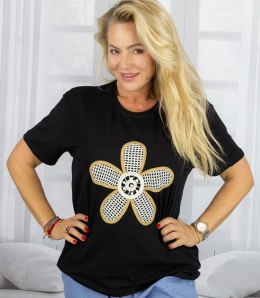 T-shit bluzka koszulka z wyszywanym kwiatkiem FLORA (Czarny)