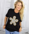 T-shit bluzka koszulka z wyszywanym kwiatkiem FLORA (Czarny)