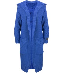 Kardigan Długi Gruby sweter warkocz Wełna (Niebieski)
