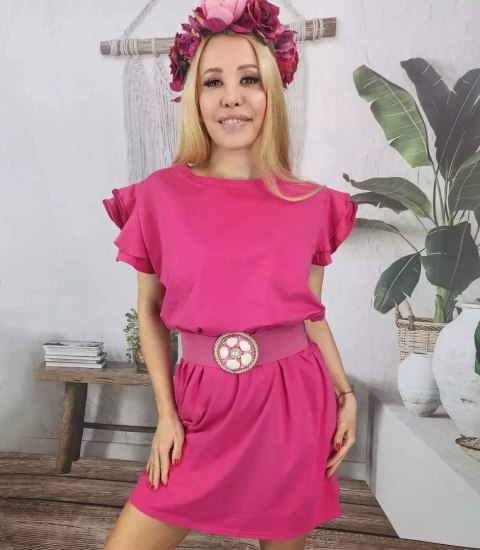 Bawełniana prosta sukienka z falbankami (Różowy) Bawełniana prosta sukienka z falbankami (Różowy)