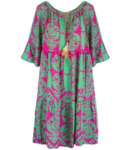 Krótka sukienka midi falbanki boho DALIDA (Różowy)