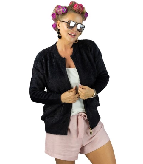 Krótki kardigan sweter rozpinany z puszystej dzianiny "COCO CHIC" (Czarny)