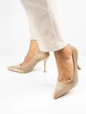 Szpilki eleganckie z aksamitu z czubkiem w kolorze Khaki - 39 Szpilki eleganckie z aksamitu z czubkiem w kolorze Khaki - 39
