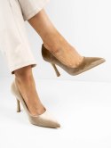 Szpilki eleganckie z aksamitu z czubkiem w kolorze Khaki - 39 Szpilki eleganckie z aksamitu z czubkiem w kolorze Khaki - 39