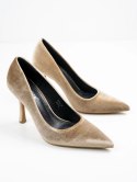 Szpilki eleganckie z aksamitu z czubkiem w kolorze Khaki - 39 Szpilki eleganckie z aksamitu z czubkiem w kolorze Khaki - 39