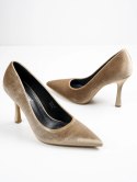 Szpilki eleganckie z aksamitu z czubkiem w kolorze Khaki - 39 Szpilki eleganckie z aksamitu z czubkiem w kolorze Khaki - 39