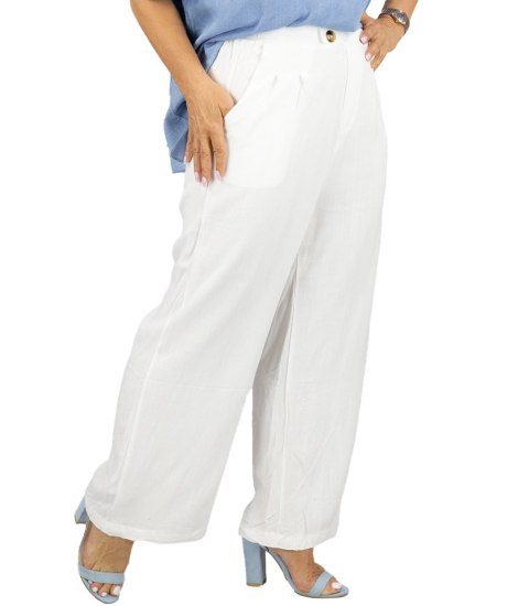 Szerokie damskie spodnie z zaszewkami wiskoza i len ANISA (Biały)