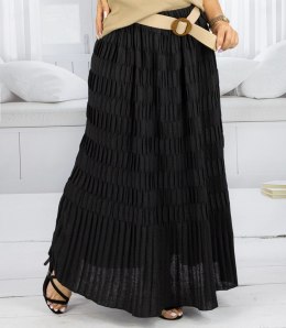 Długa spódnica maxi z marszczeniami i paskiem AMARA (Czarny)