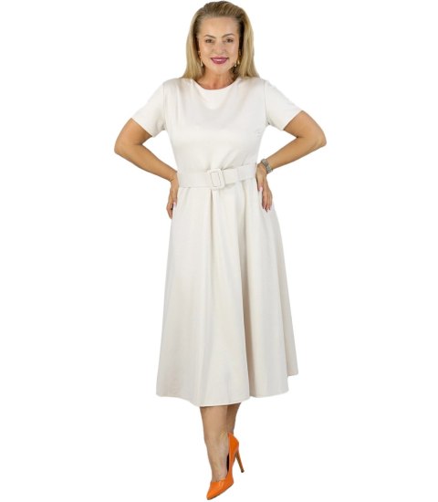 Klasyczna sukienka z paskiem rozkloszowana midi ELISE (Beżowy)