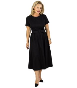 Klasyczna sukienka z paskiem rozkloszowana midi ELISE (Czarny)