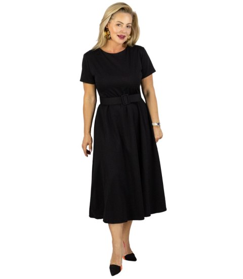 Klasyczna sukienka z paskiem rozkloszowana midi ELISE (Czarny)