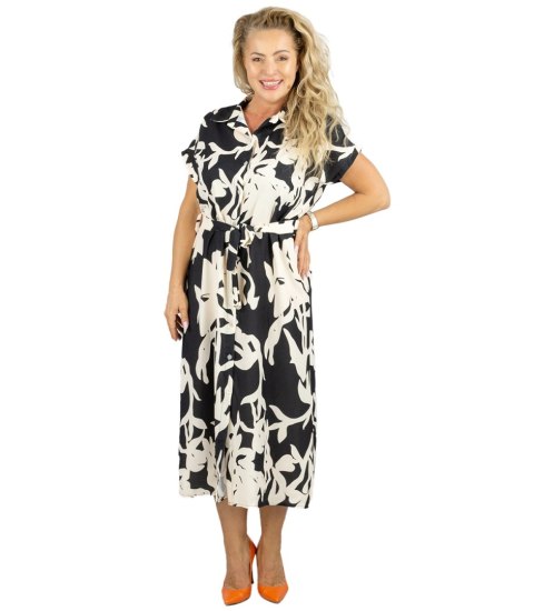 Sukienka koszulowa midi w abstrakcyjny wzór z paskiem NINA (Wielokolorowy || Czarny)