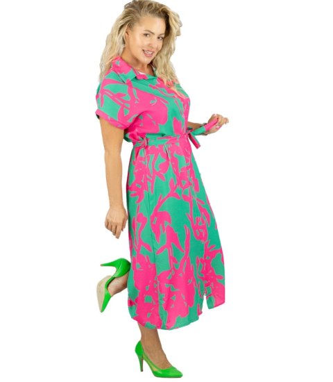 Sukienka koszulowa midi w abstrakcyjny wzór z paskiem NINA (Zielony || Wielokolorowy || Różowy)