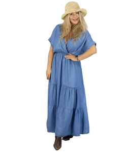 Sukienka maxi ala jeans z kopertowym dekoltm styl boho SAVANNAH (Granatowy)
