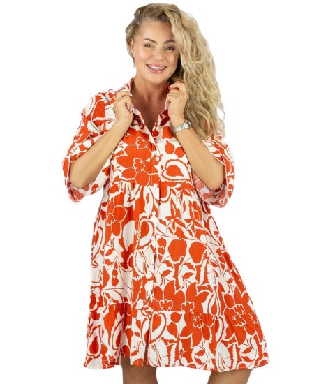 Lużna sukienka midi z falbankami w print all over CLARA (Pomarańczowy || Biały || Wielokolorowy)